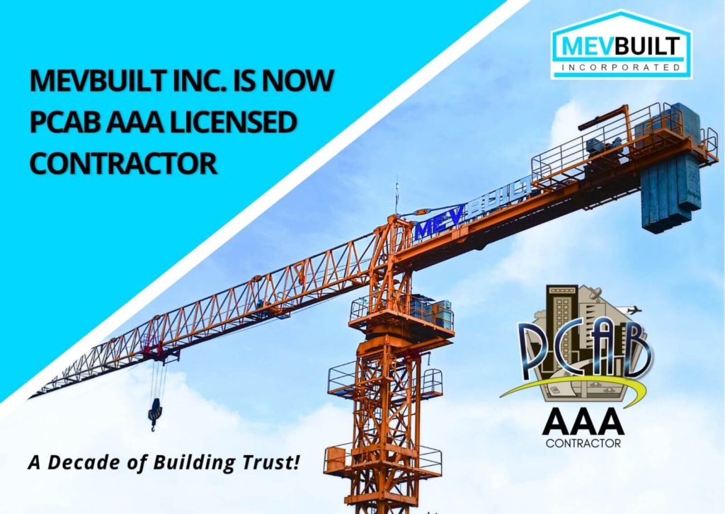 MEVBUILT INC. is now PCAB AAA Licensed Contractor